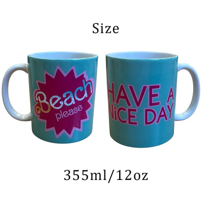 Beach Please Novelty Mug – Turquoise with Have a Nice Day Message Sassy Middle Finger Kiss – Funny Coffee Cup Matching Wooden Coaster