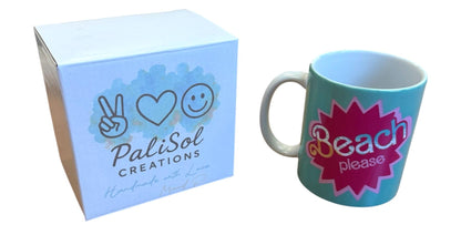 Beach Please Novelty Mug – Turquoise with Have a Nice Day Message Sassy Middle Finger Kiss – Funny Coffee Cup Matching Wooden Coaster