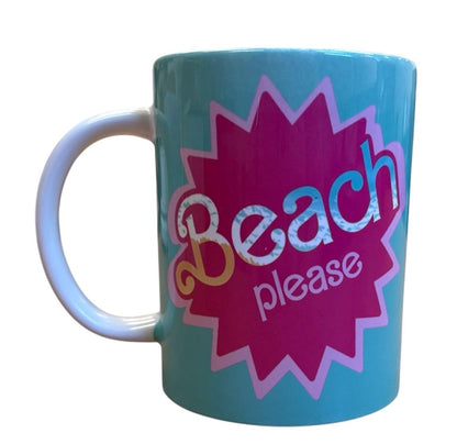 Beach Please Novelty Mug – Turquoise with Have a Nice Day Message Sassy Middle Finger Kiss – Funny Coffee Cup Matching Wooden Coaster