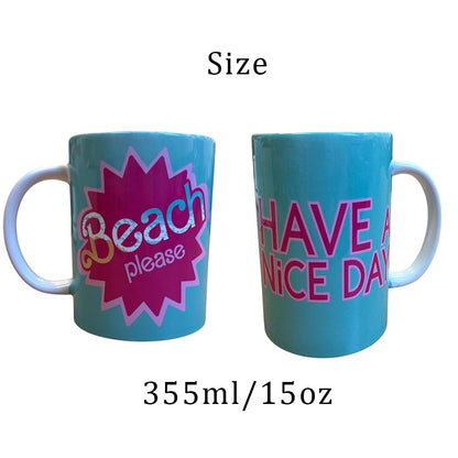 Beach Please Novelty Mug – Turquoise with Have a Nice Day Message Sassy Middle Finger Kiss – Funny Coffee Cup Matching Wooden Coaster