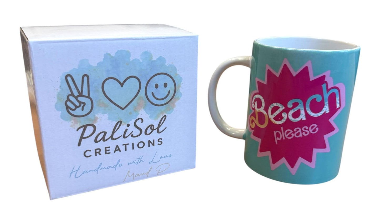 Beach Please Novelty Mug – Turquoise with Have a Nice Day Message Sassy Middle Finger Kiss – Funny Coffee Cup Matching Wooden Coaster