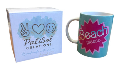 Beach Please Novelty Mug – Turquoise with Have a Nice Day Message Sassy Middle Finger Kiss – Funny Coffee Cup Matching Wooden Coaster