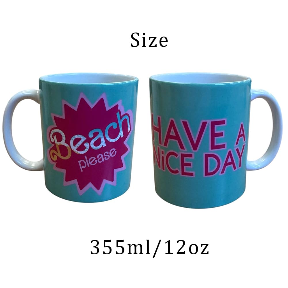 Beach Please Novelty Mug – Turquoise with Have a Nice Day Message Sassy Middle Finger Kiss – Funny Coffee Cup Matching Wooden Coaster