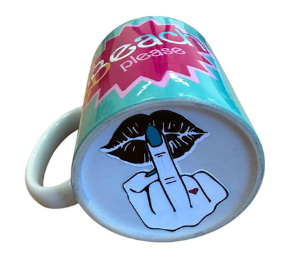 Beach Please Novelty Mug – Turquoise with Have a Nice Day Message Sassy Middle Finger Kiss – Funny Coffee Cup Matching Wooden Coaster