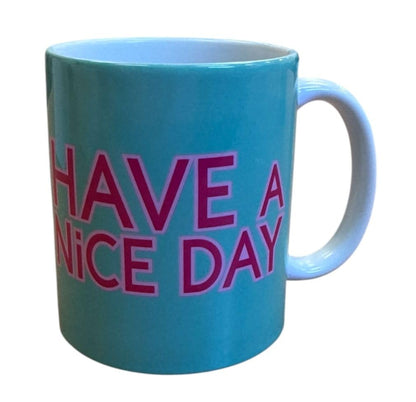 Beach Please Novelty Mug – Turquoise with Have a Nice Day Message Sassy Middle Finger Kiss – Funny Coffee Cup Matching Wooden Coaster