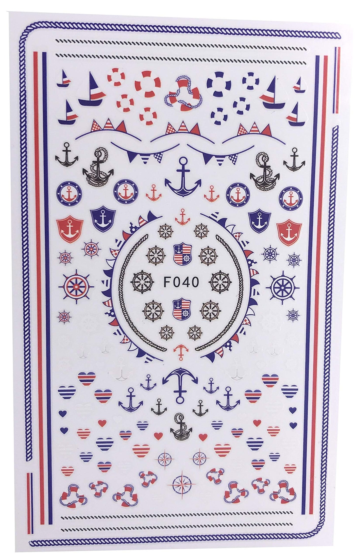 Boat Theme Nail Stickers – Anchor & Heart Decals | Nautical Red White Blue | Autocollants pour ongles thème marin – Ancre & Cœurs – USA 4th of July Vibes