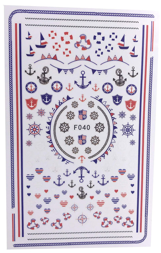 Boat Theme Nail Stickers – Anchor & Heart Decals | Nautical Red White Blue | Autocollants pour ongles thème marin – Ancre & Cœurs – USA 4th of July Vibes