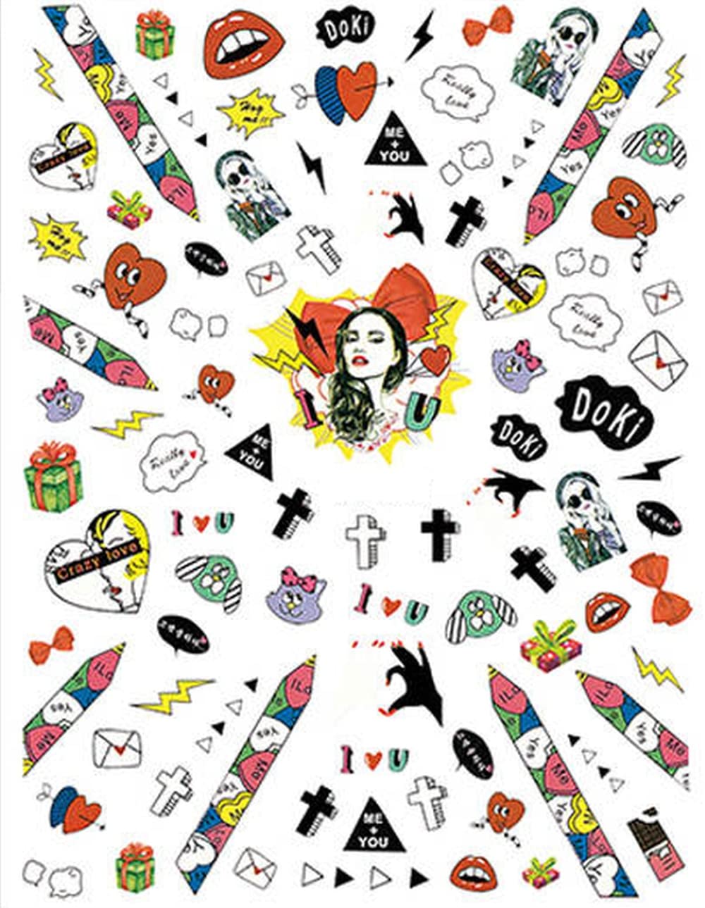 Gothic Love Nail Stickers – Cross, Heart, Open Mouth, Birds Letter Designs | Red Black Green Toxic Romance Nail Art Decals | Gothique Amour