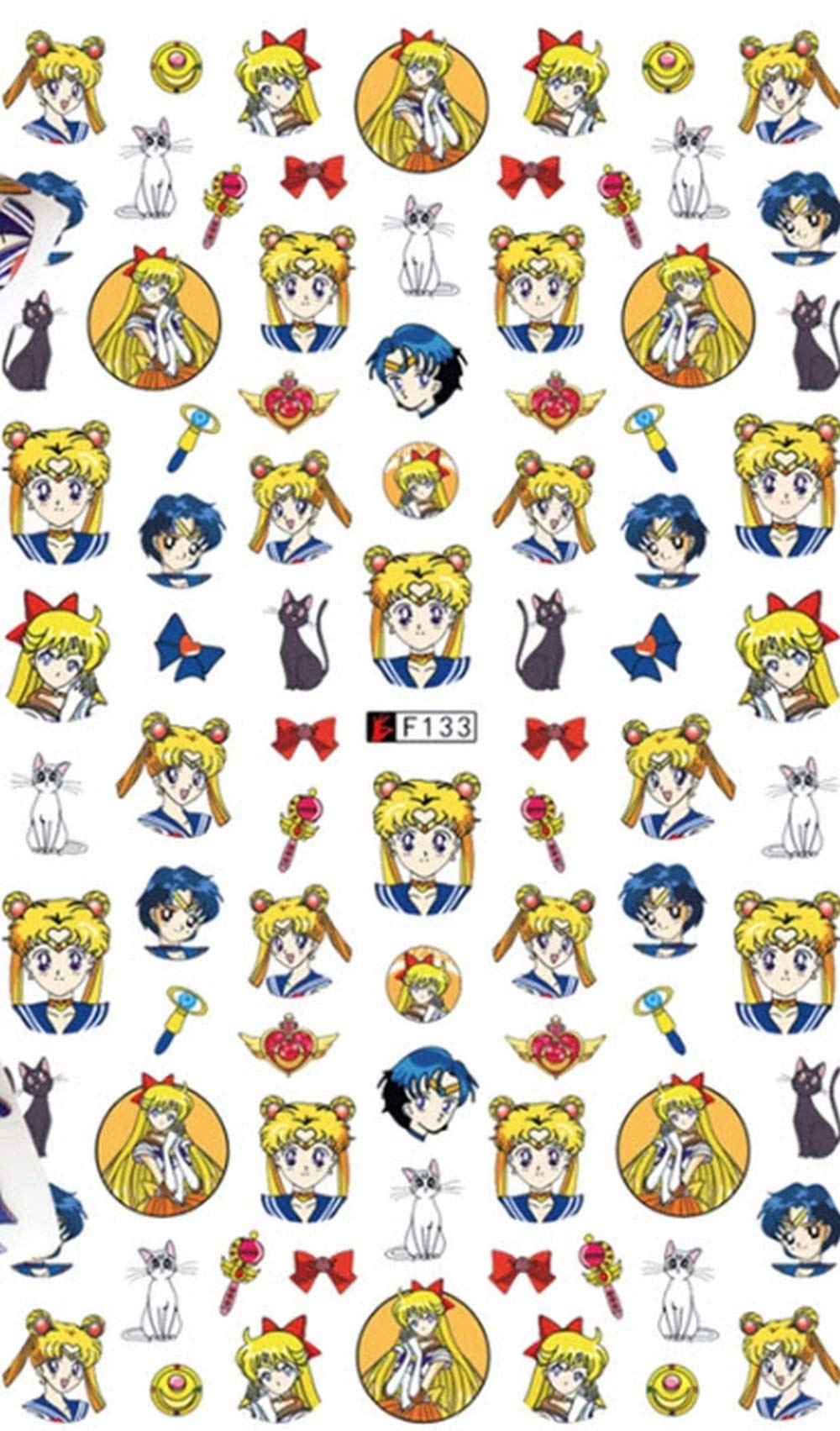 Anime Sailor Princess Luna Nail Art Stickers Geek, Love, Heart, Bows, Planes Kawaii Finger Nail Art Decoration for Woman Moon Princess