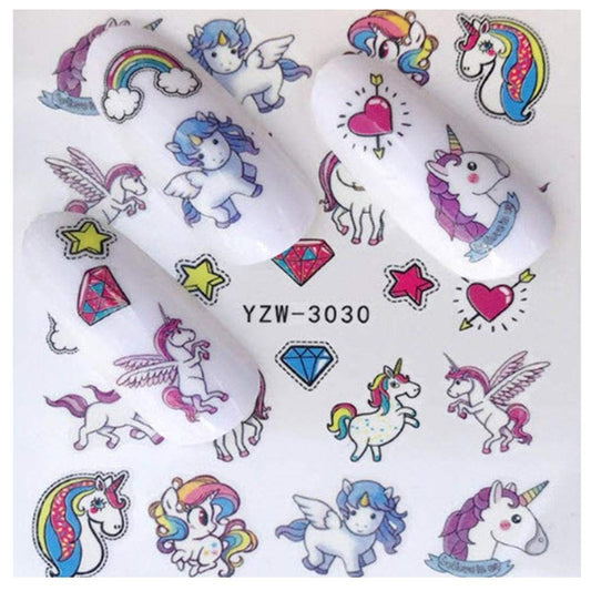 🦄 Cute Unicorn & Rainbow Nail Water Decals Designs / Motifs licorne et arc-en-ciel adorables – Features colorful unicorns, rainbows, stars, hearts, and gems for playful, magical nail art perfect for manicures.