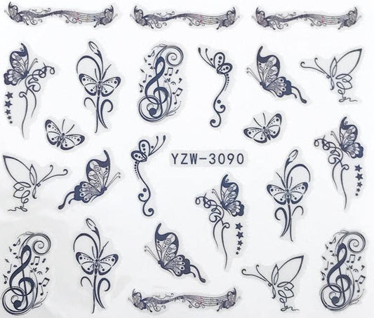 Black Music Note and Butterflies Nail Decals Sticker Salon Quality Nail Art - 1 Sheet