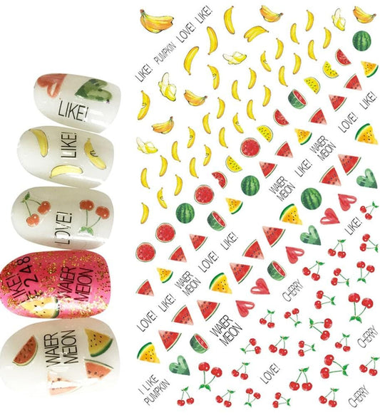 Summer fruit watermelon and banana  nail art stickers, yellow, red, green