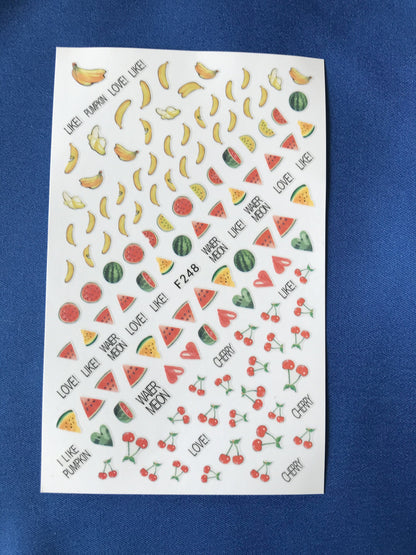 Summer fruit watermelon and banana  nail art stickers, yellow, red, green
