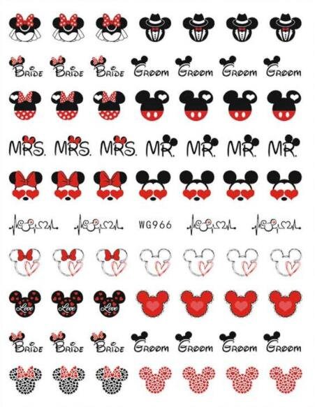 Mouse Ears - Wedding - Mrs Mr Bride and Groom Nail Stickers Mrs Minnie Mr Mickey - Red Love Hearts Fingernail Art Valentines Day - Red Black