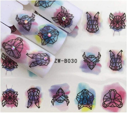 Full Set Black Animal - Fox - Fly - Tiger - Watercolor Nail Sticker Salon Quality Nail Art Nail Wrap Nail Decals - 1 Sheet