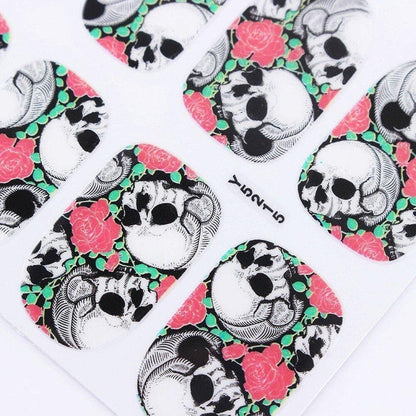 Full set of 12 punk gothic rockabilly skull and roses nail wrap decals sticker salon quality nail art - great for halloween! 1 sheet