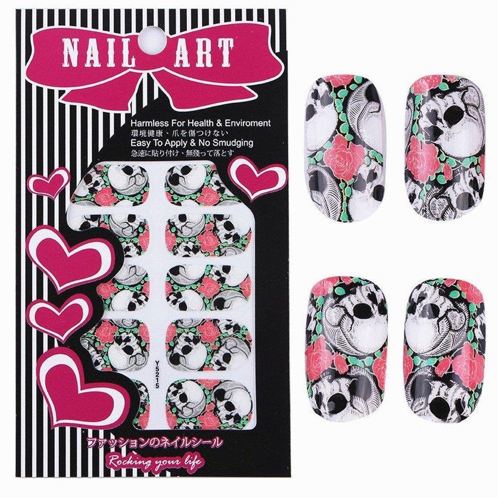 Full set of 12 punk gothic rockabilly skull and roses nail wrap decals sticker salon quality nail art - great for halloween! 1 sheet