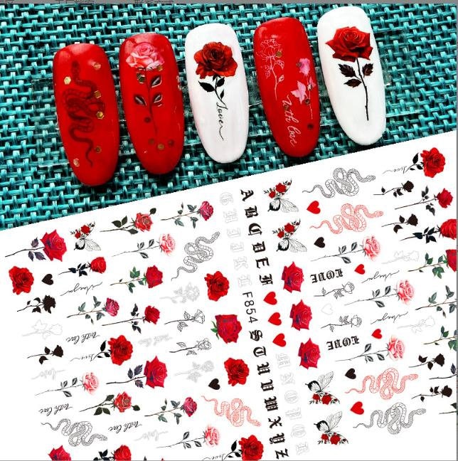 Full Sheet of Black Pink Red Roses and Snakes Nail Decal Punk Gothic Rockabilly Nail Stickers Decals Sticker Salon Quality Nail Art - Great
