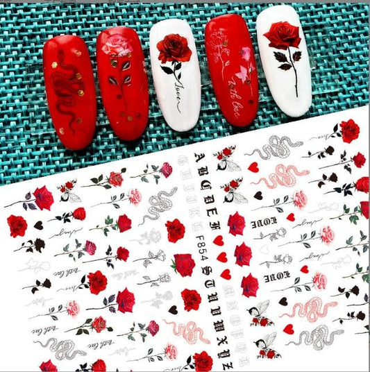 Full Sheet of Black Pink Red Roses and Snakes Nail Decal Punk Gothic Rockabilly Nail Stickers Decals Sticker Salon Quality Nail Art - Great