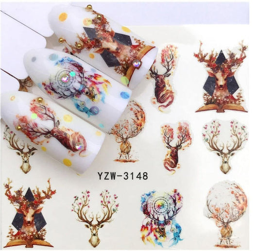 Sheet of deers and antlers with flowers and dream catchers nail art - nail decals