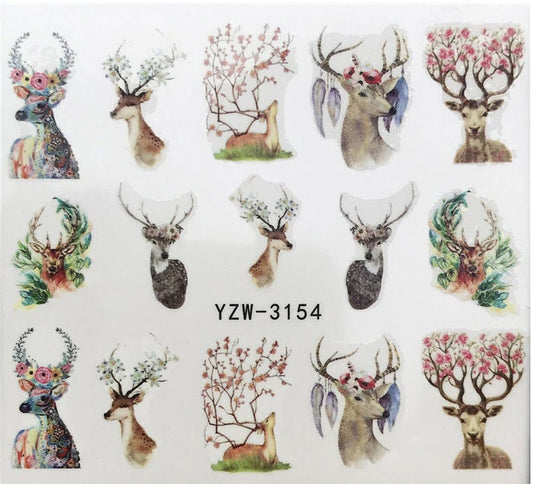 Sheet of nature deer and antlers with flowers nail art - nail decals