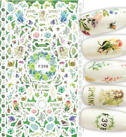 Think spring nail art stickers showing fairys birds snail flowers  greens