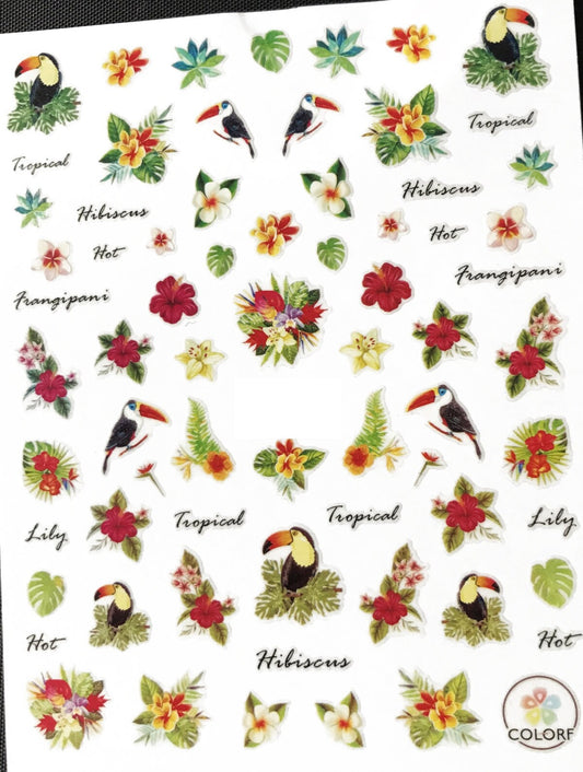 Tropical Getaway inspired finger nail stickers, Has tucans, lilys hibiscus plants and flowers, floral