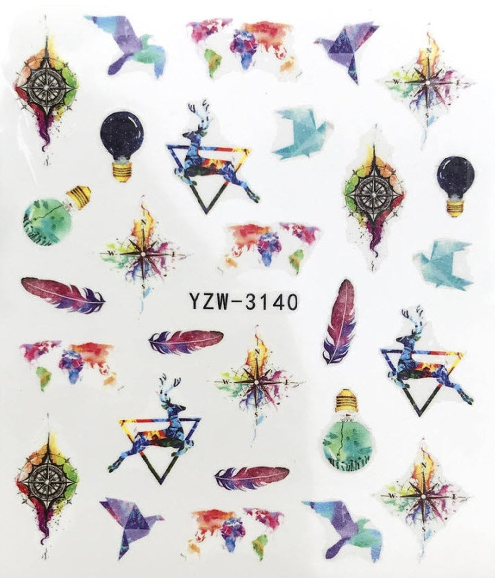 Full set of water color birds feathers travel compass deer nail sticker salon quality nail art - nail decals