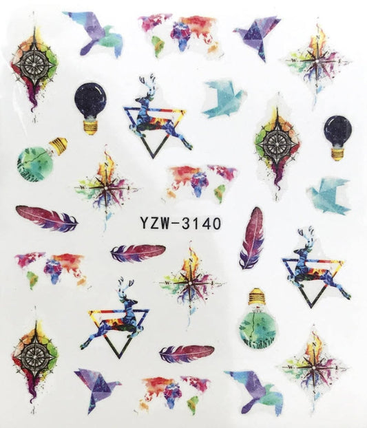Full set of water color birds feathers travel compass deer nail sticker salon quality nail art - nail decals