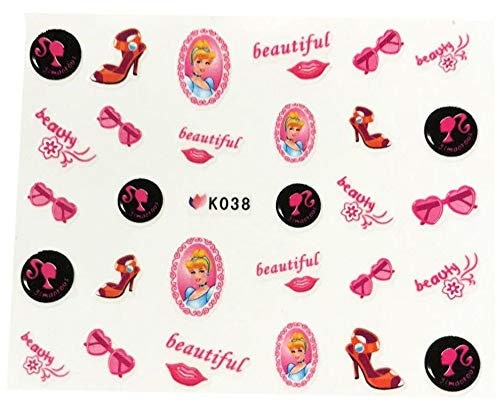 Cute Cinderella Nail Stickers - Pink Glasses, Shoe Beautiful Beauty Word also included - Salon Quality Nail Art - 1 Sheet Fingernails Disney