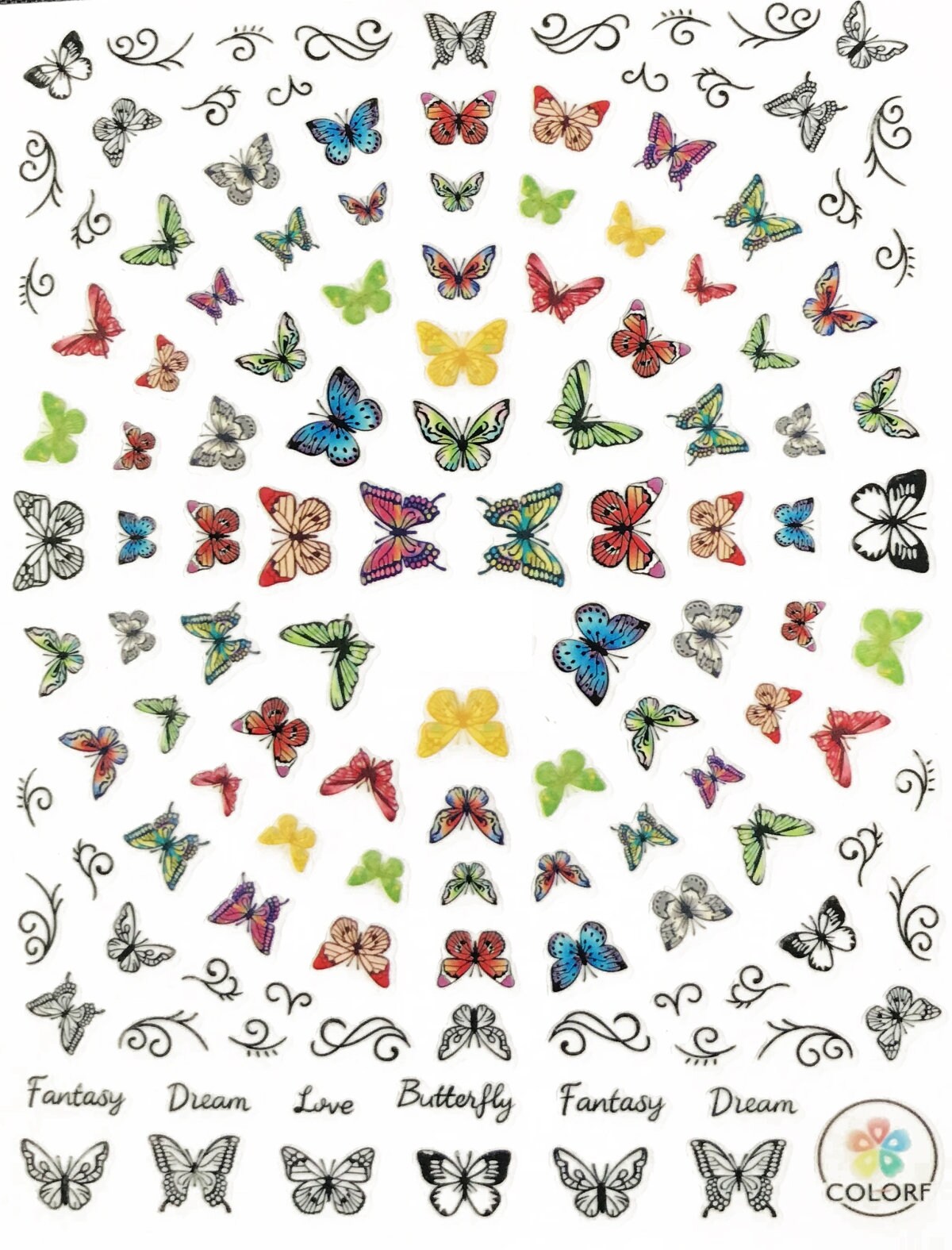 Butterflies  are a sign of luck, Sticker sheet of butterflies in a variety of colors, pink, blue, red