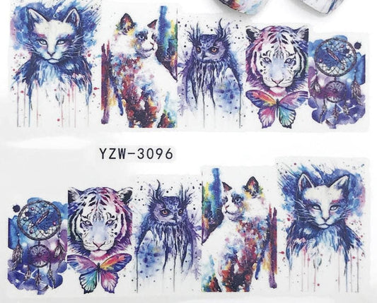 Spiritual watercolor abstract cat owl tiger dreamcatcher nail decals sticker salon quality nail art - 1 sheet