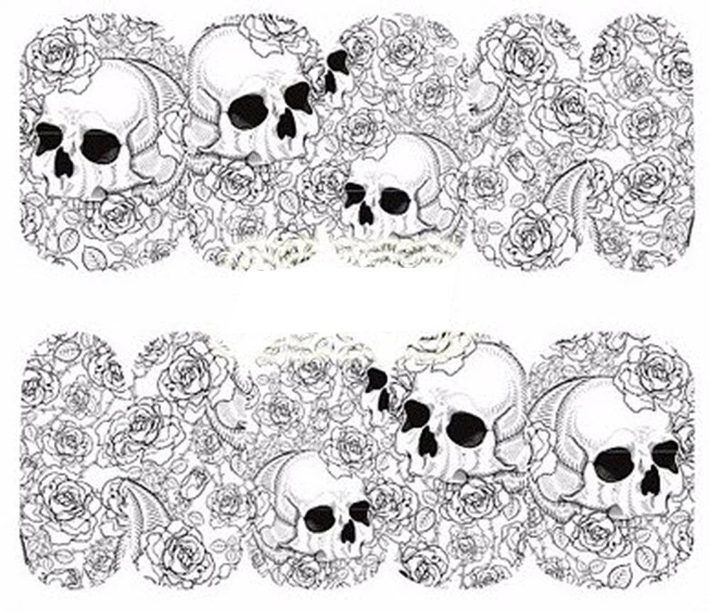Full Sheet of Black White Skull  with roses Nail Decal Punk Gothic Rockabilly SKULL Nail Wrap Decals Sticker Salon Quality Nail Art - Great
