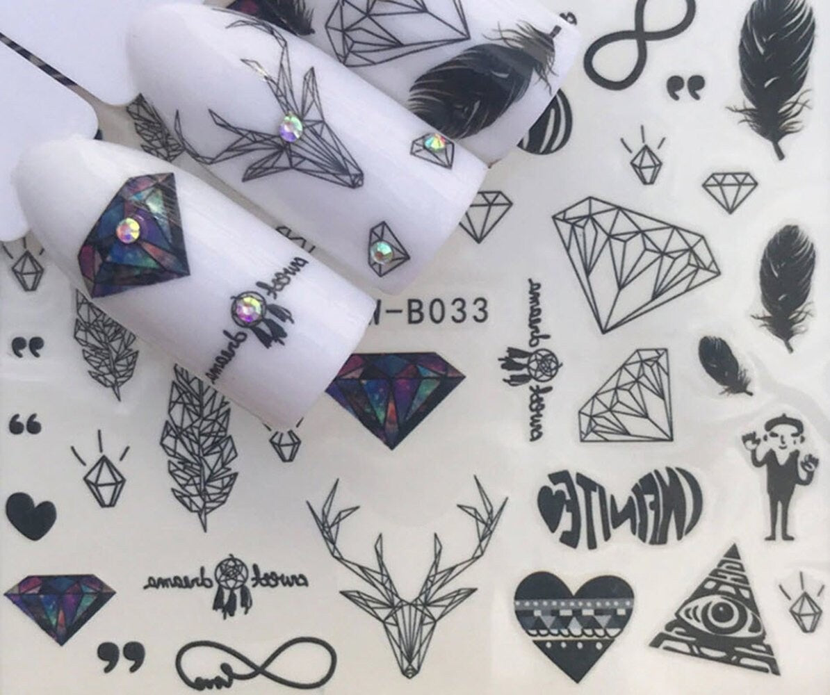Full sheet black rustic indie  nail sticker feather - love - diamonds  - salon quality nail art nail wrap nail decals  - 1 sheet