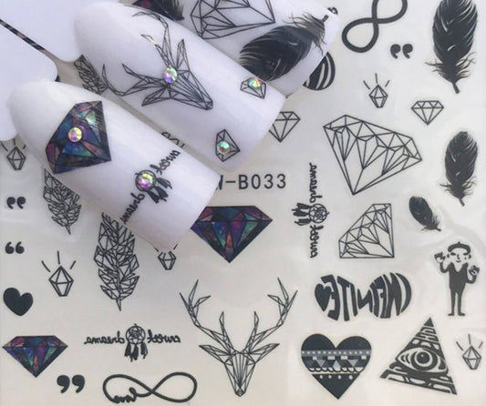 Full sheet black rustic indie  nail sticker feather - love - diamonds  - salon quality nail art nail wrap nail decals  - 1 sheet