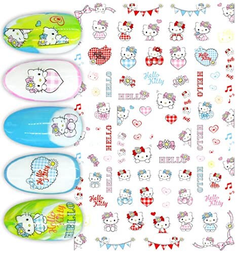 Hello Nail Stickers - Kawaii Cartoon Cat Nail Stickers Cute Bow Cat Nail Art Decals Pink Kitty Nail Stickers Japanese Style Character Nails