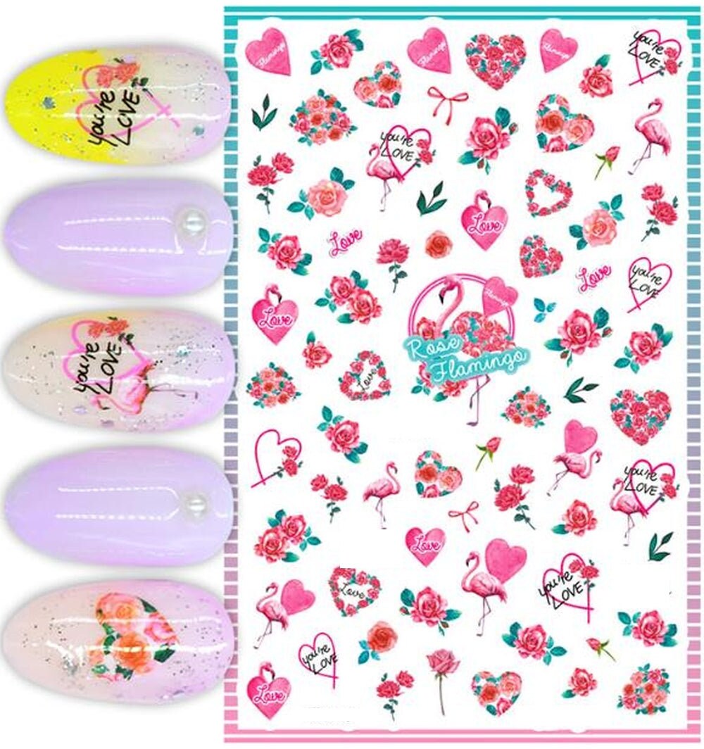 Tropical Flamingo Rose Heart Nail Art Stickers – Pink Floral Summer Love Decals for Feminine Manicure Designs - Hot Pink - Hearts - Roses