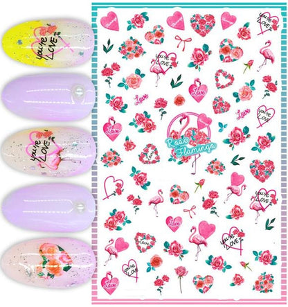 Tropical Flamingo Rose Heart Nail Art Stickers – Pink Floral Summer Love Decals for Feminine Manicure Designs - Hot Pink - Hearts - Roses