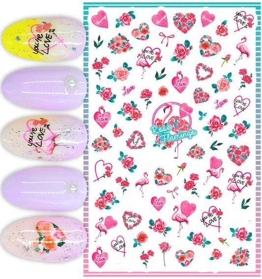 Tropical Flamingo Rose Heart Nail Art Stickers – Pink Floral Summer Love Decals for Feminine Manicure Designs - Hot Pink - Hearts - Roses
