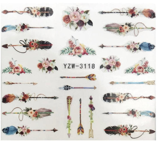 Full set of feather arrows and flower nail sticker salon quality nail art - nail decals