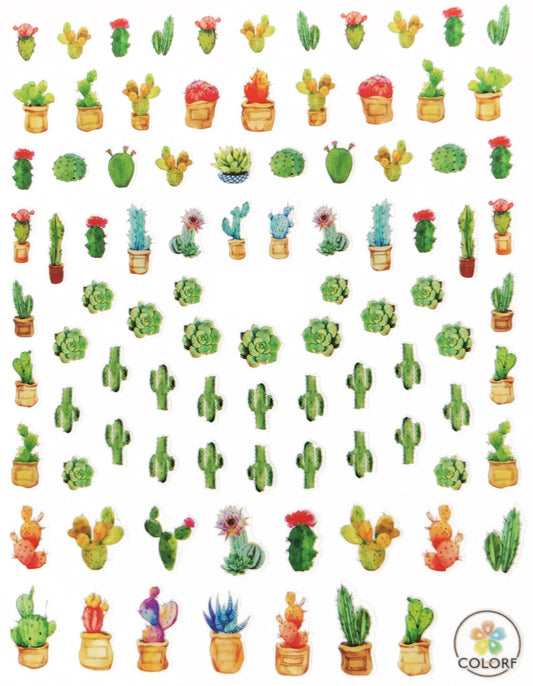 Sheet of cactus cacti succelents in flower pots for your fingernail art nail designs