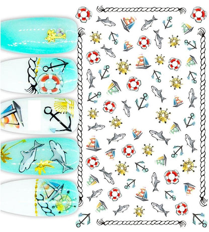 50+ nautical nail stickers with sailboats, anchors, sharks, life jackets red white blue