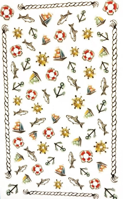50+ nautical nail stickers with sailboats, anchors, sharks, life jackets red white blue