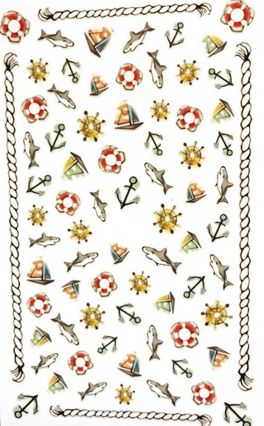 50+ nautical nail stickers with sailboats, anchors, sharks, life jackets red white blue