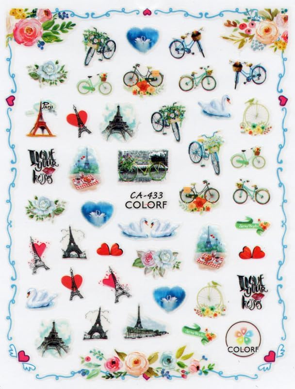 Love in Paris Nail Art Stickers – Red & Pink Hearts, Swan, Eiffel Tower, Bicycle Flowers Decals – Perfect for Valentine’s Day Manicures