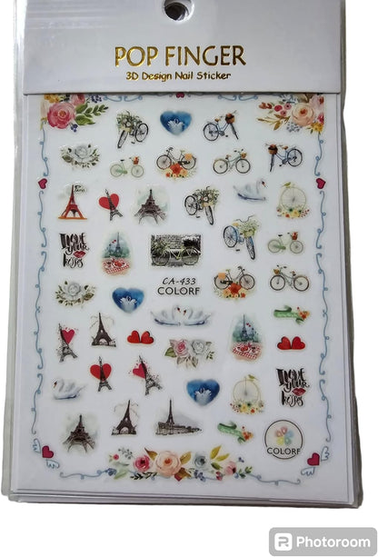 Love in Paris Nail Art Stickers – Red & Pink Hearts, Swan, Eiffel Tower, Bicycle Flowers Decals – Perfect for Valentine’s Day Manicures