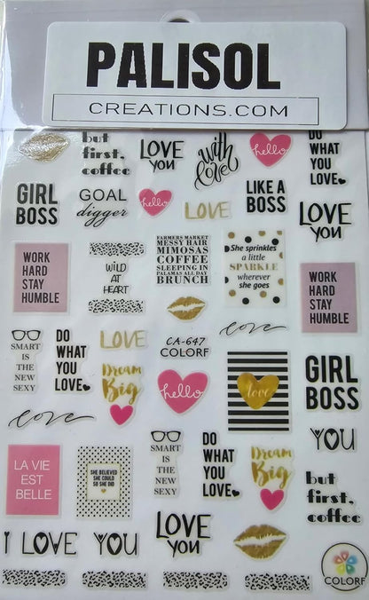 Girl Boss Pink Nail Stickers – Classy Black Gold Motivational Saying Nail Art Decals | Hello Love You Dream Big Designs Fingernail Stickers