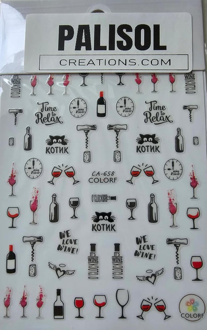 Elegant Wine-Themed Nail Stickers – Classy Pink, Black & Gold Designs Bottles, Glasses Hearts | Autocollants d’Ongles Vin Rouge Chic