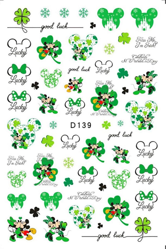 Sparkle with Luck! St. Paddy's Day Nail Art Stickers - Four-Leaf Clovers Mickey-Minnie Magic! Nail Decals Sticker - Nail Stickers Cute Mouse