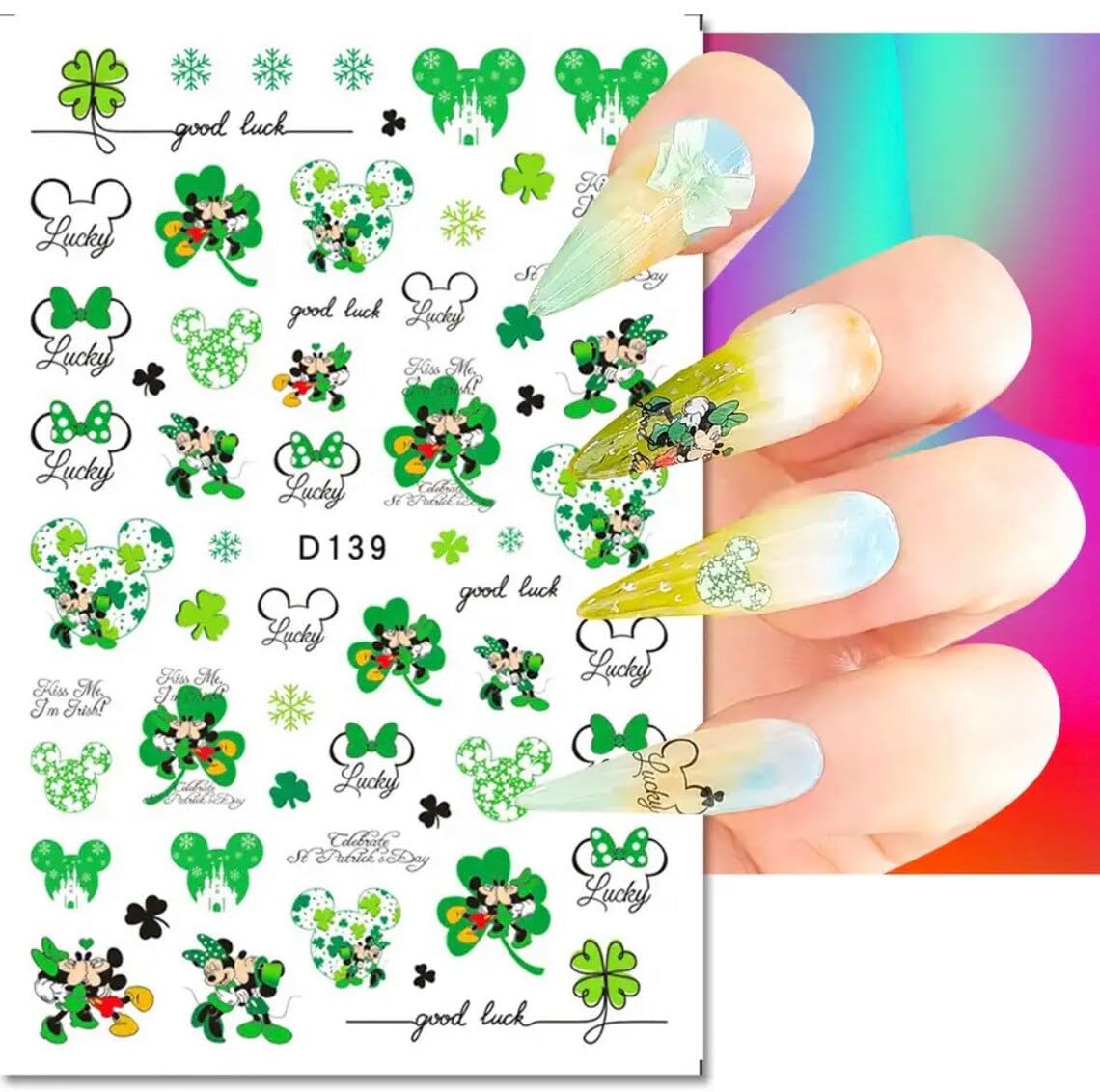 Sparkle with Luck! St. Paddy's Day Nail Art Stickers - Four-Leaf Clovers Mickey-Minnie Magic! Nail Decals Sticker - Nail Stickers Cute Mouse